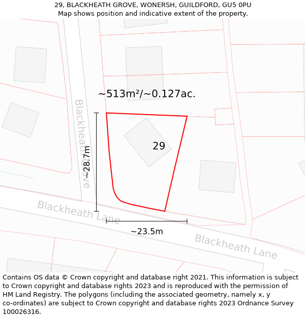 29, BLACKHEATH GROVE, WONERSH, GUILDFORD, GU5 0PU: Plot and title map