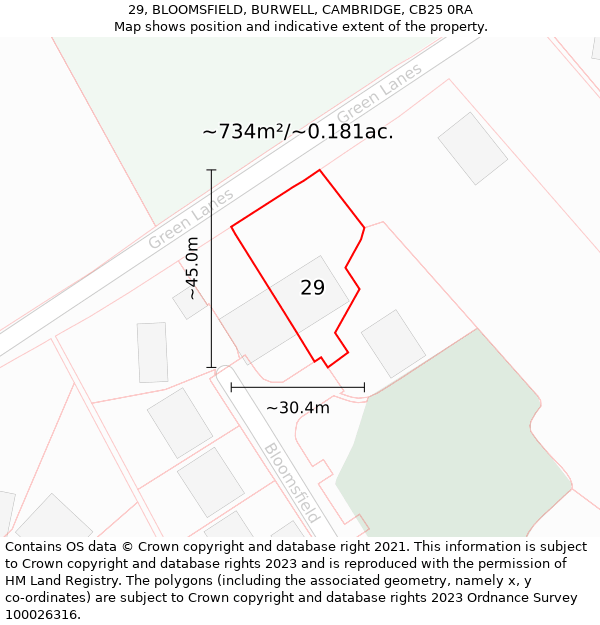 29, BLOOMSFIELD, BURWELL, CAMBRIDGE, CB25 0RA: Plot and title map