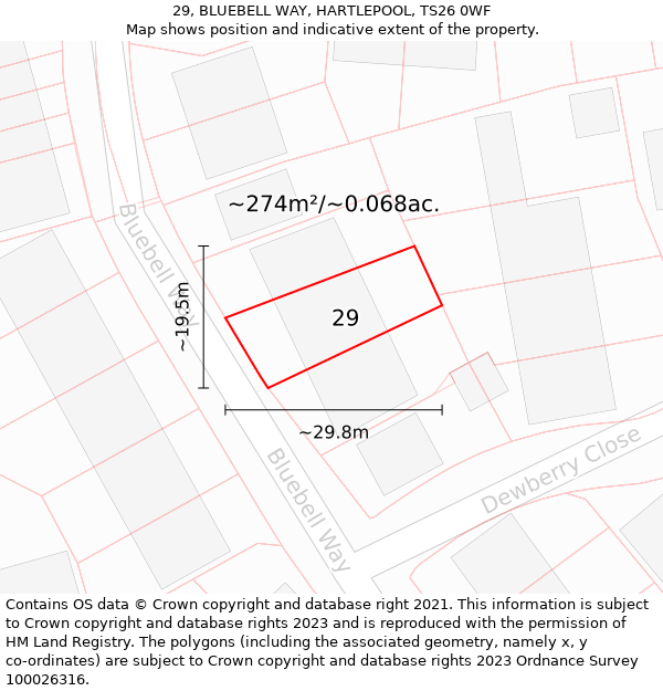 29, BLUEBELL WAY, HARTLEPOOL, TS26 0WF: Plot and title map