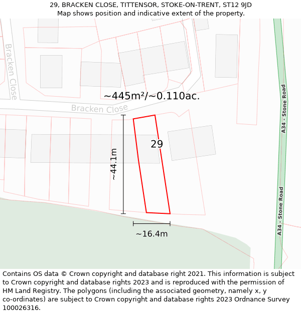 29, BRACKEN CLOSE, TITTENSOR, STOKE-ON-TRENT, ST12 9JD: Plot and title map