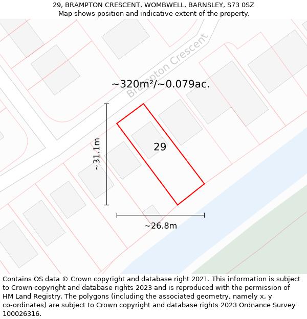 29, BRAMPTON CRESCENT, WOMBWELL, BARNSLEY, S73 0SZ: Plot and title map