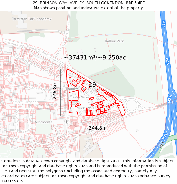 29, BRINSON WAY, AVELEY, SOUTH OCKENDON, RM15 4EF: Plot and title map