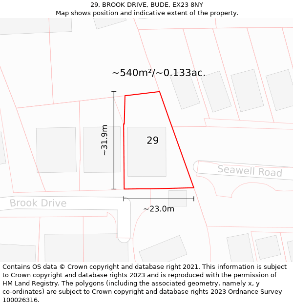 29, BROOK DRIVE, BUDE, EX23 8NY: Plot and title map