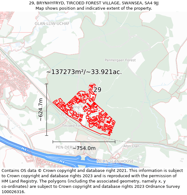 29, BRYNHYFRYD, TIRCOED FOREST VILLAGE, SWANSEA, SA4 9JJ: Plot and title map