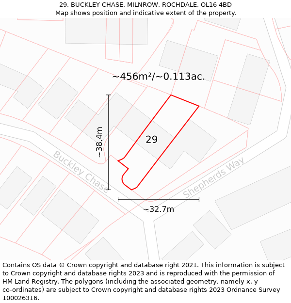 29, BUCKLEY CHASE, MILNROW, ROCHDALE, OL16 4BD: Plot and title map