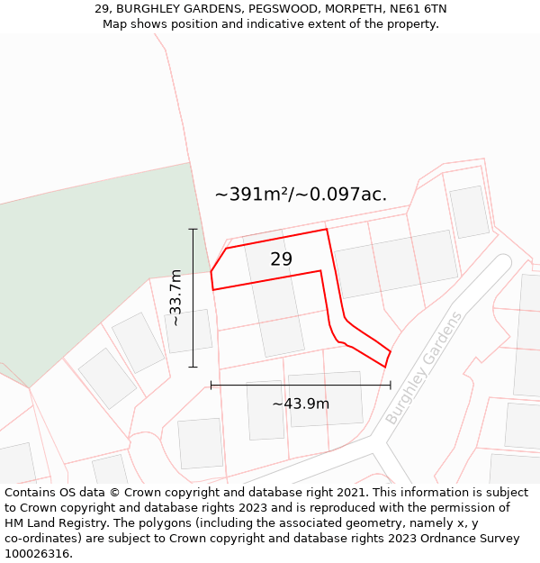 29, BURGHLEY GARDENS, PEGSWOOD, MORPETH, NE61 6TN: Plot and title map