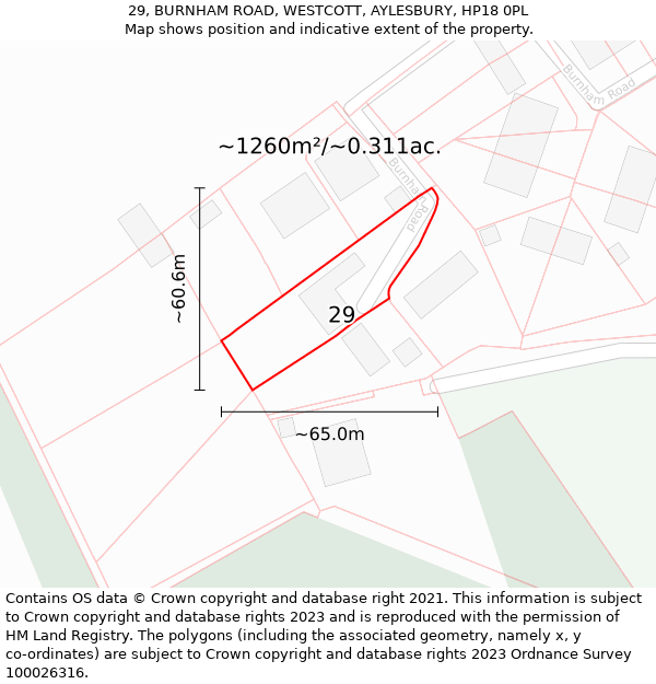 29, BURNHAM ROAD, WESTCOTT, AYLESBURY, HP18 0PL: Plot and title map