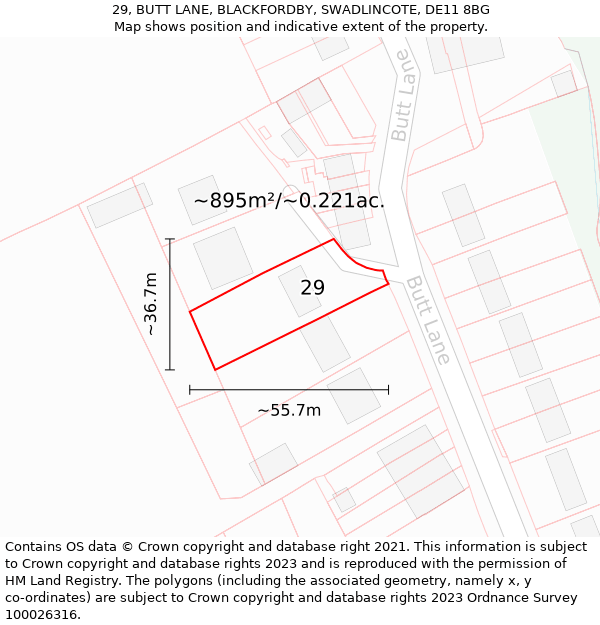 29, BUTT LANE, BLACKFORDBY, SWADLINCOTE, DE11 8BG: Plot and title map