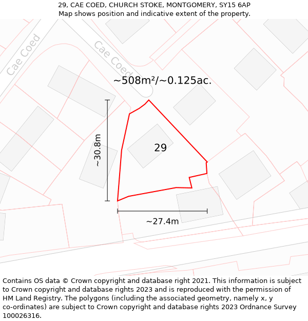 29, CAE COED, CHURCH STOKE, MONTGOMERY, SY15 6AP: Plot and title map