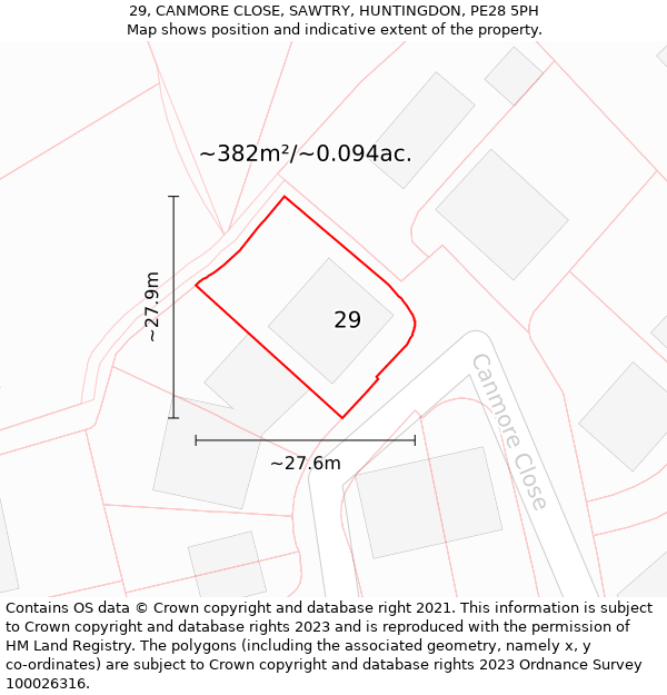 29, CANMORE CLOSE, SAWTRY, HUNTINGDON, PE28 5PH: Plot and title map