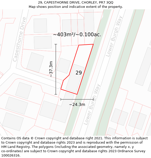 29, CAPESTHORNE DRIVE, CHORLEY, PR7 3QQ: Plot and title map