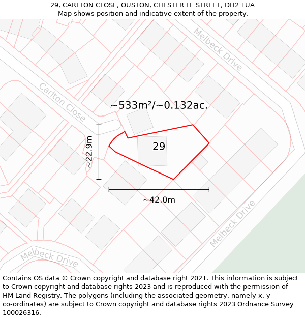 29, CARLTON CLOSE, OUSTON, CHESTER LE STREET, DH2 1UA: Plot and title map