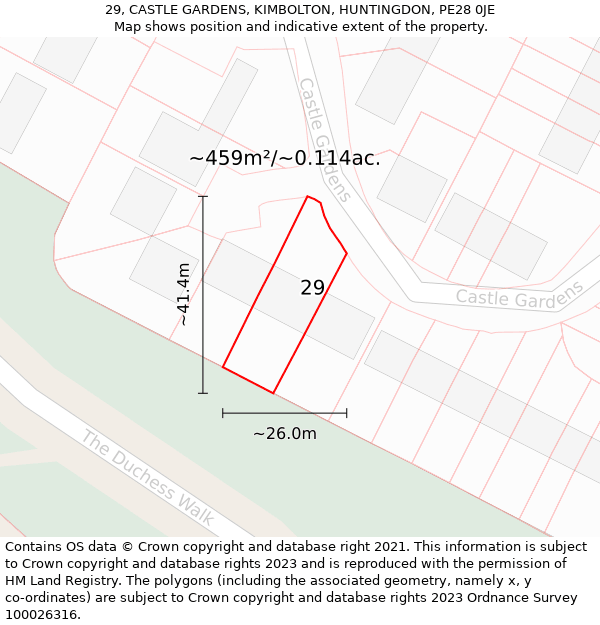 29, CASTLE GARDENS, KIMBOLTON, HUNTINGDON, PE28 0JE: Plot and title map