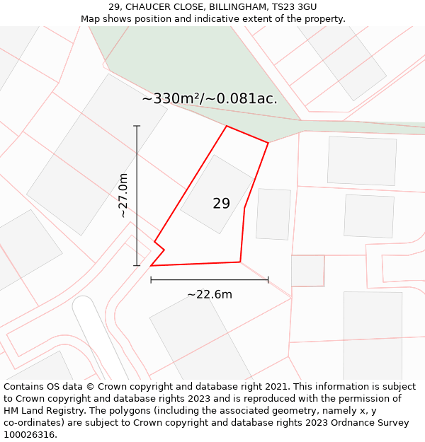 29, CHAUCER CLOSE, BILLINGHAM, TS23 3GU: Plot and title map