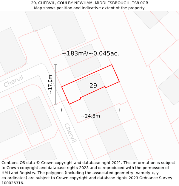 29, CHERVIL, COULBY NEWHAM, MIDDLESBROUGH, TS8 0GB: Plot and title map