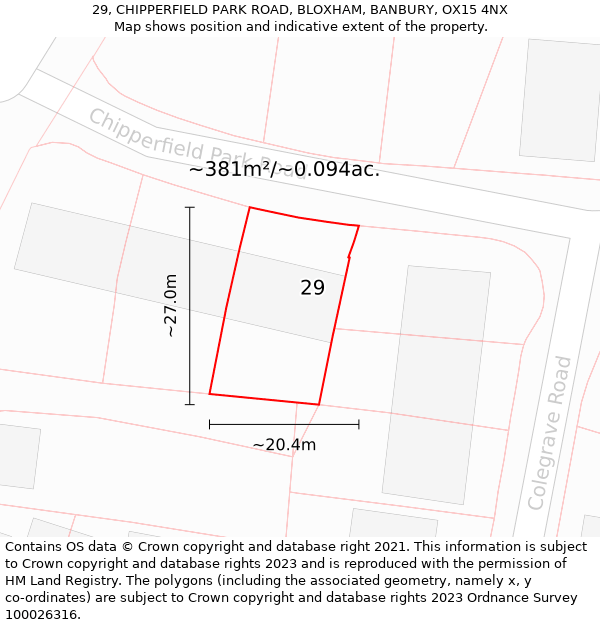 29, CHIPPERFIELD PARK ROAD, BLOXHAM, BANBURY, OX15 4NX: Plot and title map