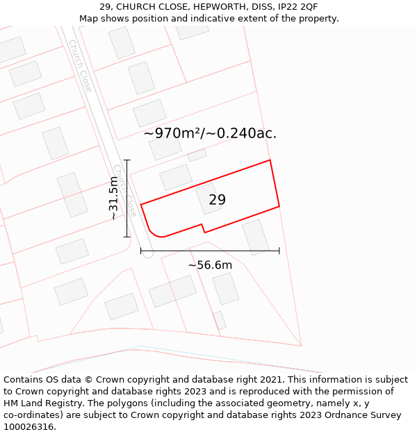 29, CHURCH CLOSE, HEPWORTH, DISS, IP22 2QF: Plot and title map