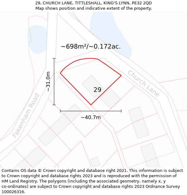 29, CHURCH LANE, TITTLESHALL, KING'S LYNN, PE32 2QD: Plot and title map