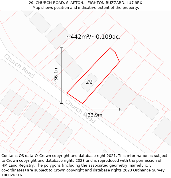 29, CHURCH ROAD, SLAPTON, LEIGHTON BUZZARD, LU7 9BX: Plot and title map