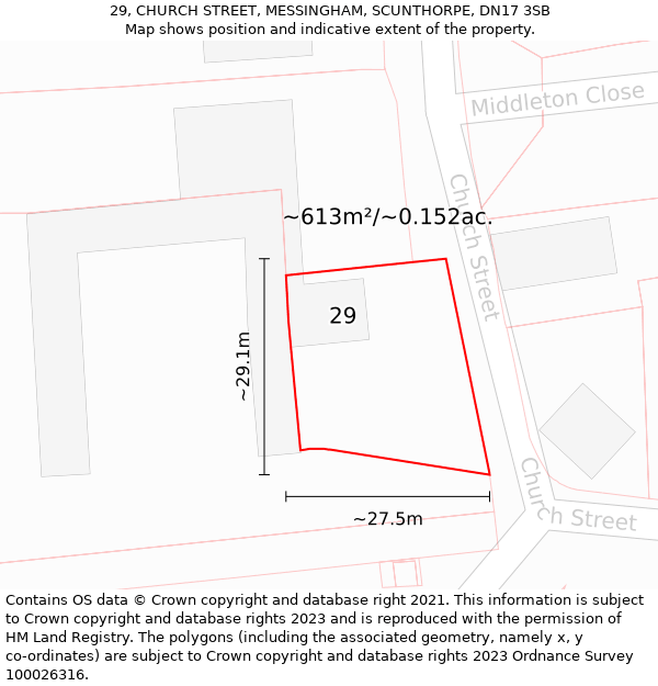 29, CHURCH STREET, MESSINGHAM, SCUNTHORPE, DN17 3SB: Plot and title map