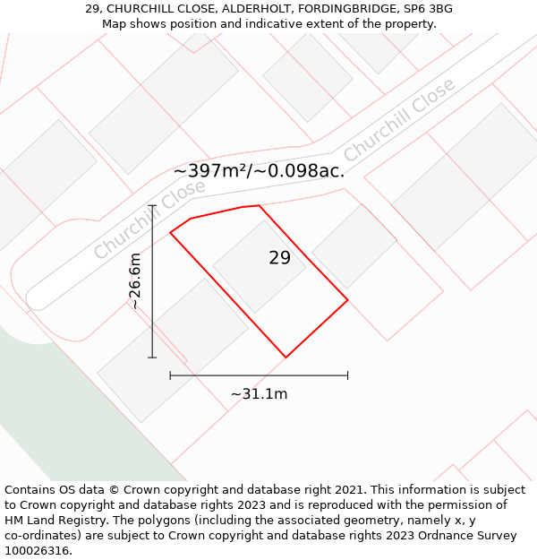 29, CHURCHILL CLOSE, ALDERHOLT, FORDINGBRIDGE, SP6 3BG: Plot and title map