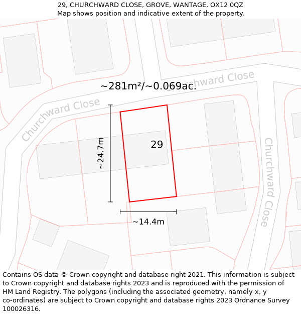 29, CHURCHWARD CLOSE, GROVE, WANTAGE, OX12 0QZ: Plot and title map