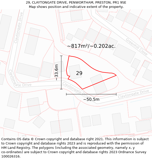 29, CLAYTONGATE DRIVE, PENWORTHAM, PRESTON, PR1 9SE: Plot and title map