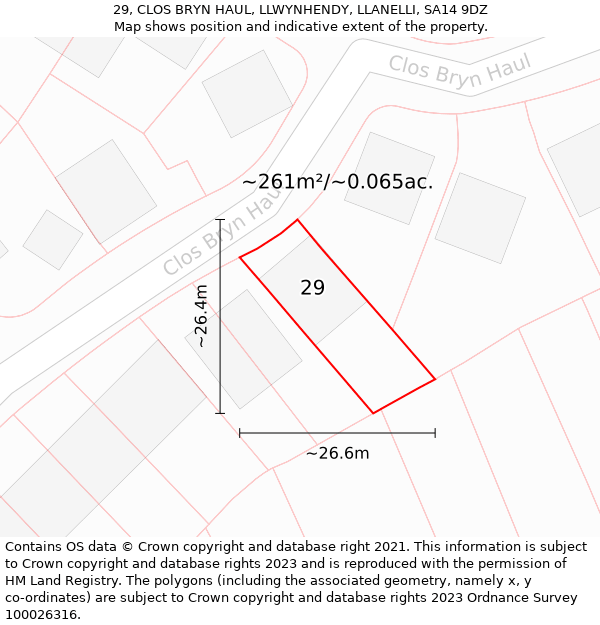 29, CLOS BRYN HAUL, LLWYNHENDY, LLANELLI, SA14 9DZ: Plot and title map