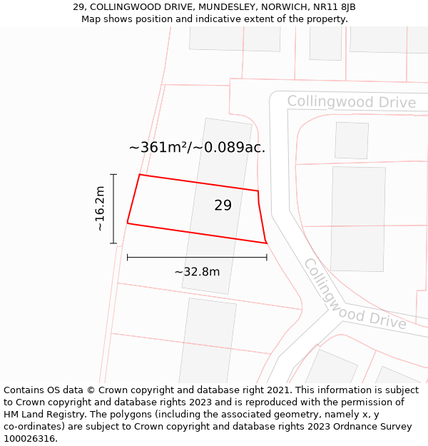 29, COLLINGWOOD DRIVE, MUNDESLEY, NORWICH, NR11 8JB: Plot and title map