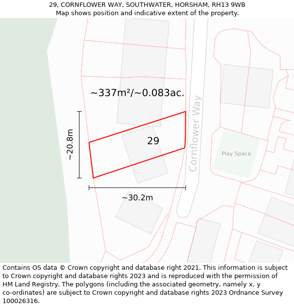 29, CORNFLOWER WAY, SOUTHWATER, HORSHAM, RH13 9WB: Plot and title map