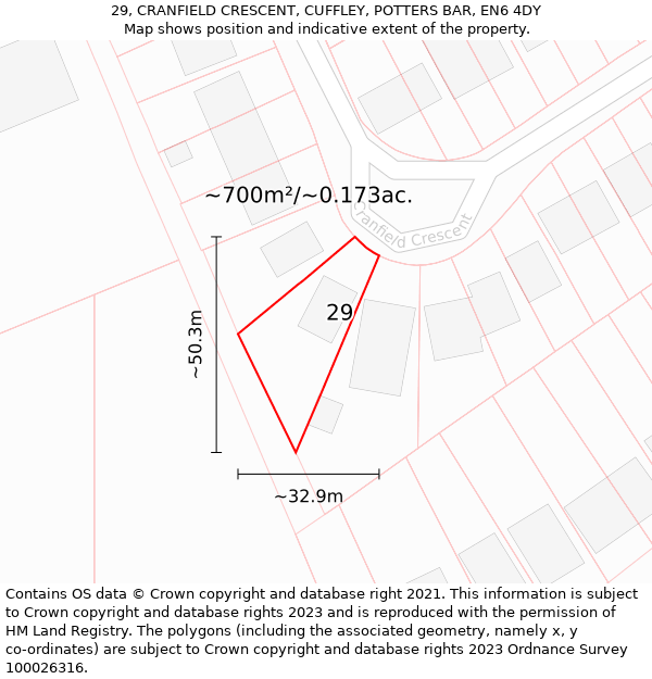 29, CRANFIELD CRESCENT, CUFFLEY, POTTERS BAR, EN6 4DY: Plot and title map