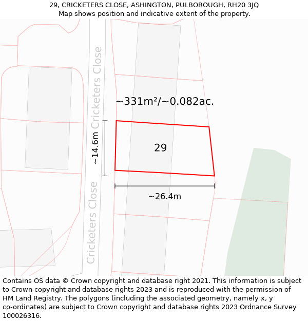 29, CRICKETERS CLOSE, ASHINGTON, PULBOROUGH, RH20 3JQ: Plot and title map