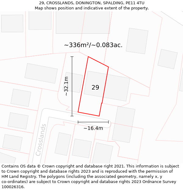 29, CROSSLANDS, DONINGTON, SPALDING, PE11 4TU: Plot and title map