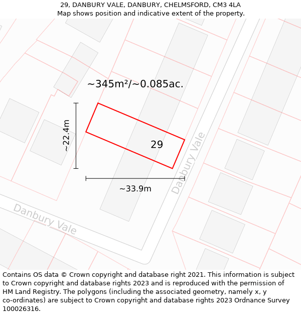 29, DANBURY VALE, DANBURY, CHELMSFORD, CM3 4LA: Plot and title map