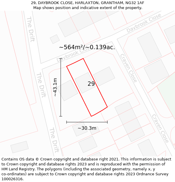 29, DAYBROOK CLOSE, HARLAXTON, GRANTHAM, NG32 1AF: Plot and title map