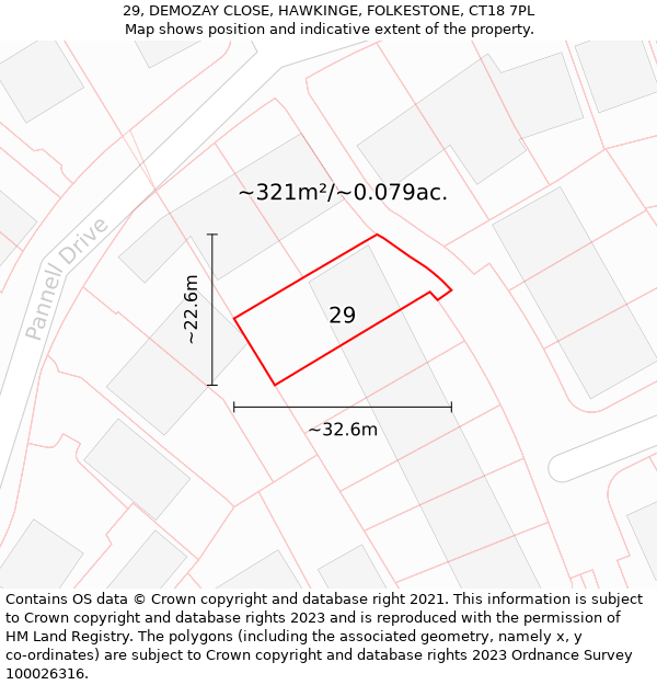 29, DEMOZAY CLOSE, HAWKINGE, FOLKESTONE, CT18 7PL: Plot and title map