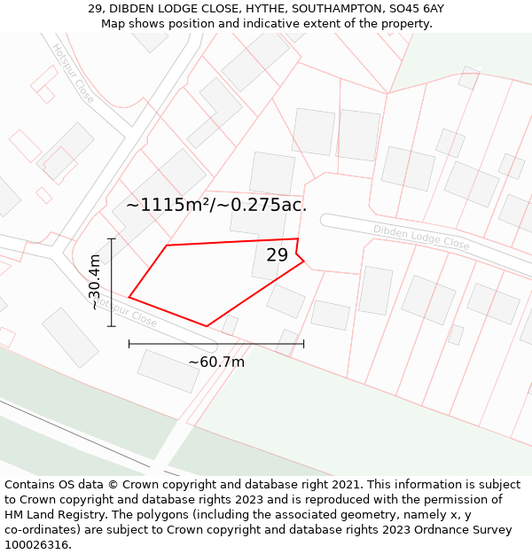 29, DIBDEN LODGE CLOSE, HYTHE, SOUTHAMPTON, SO45 6AY: Plot and title map