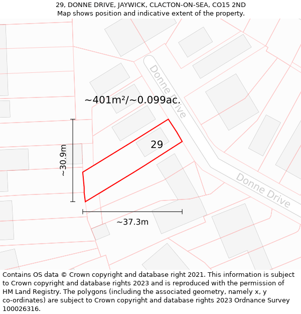 29, DONNE DRIVE, JAYWICK, CLACTON-ON-SEA, CO15 2ND: Plot and title map