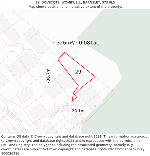 29, DOVECOTE, WOMBWELL, BARNSLEY, S73 0LS: Plot and title map