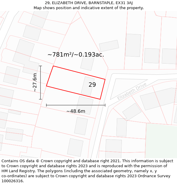 29, ELIZABETH DRIVE, BARNSTAPLE, EX31 3AJ: Plot and title map