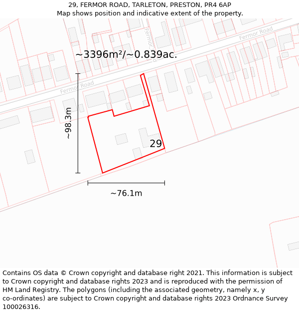 29, FERMOR ROAD, TARLETON, PRESTON, PR4 6AP: Plot and title map