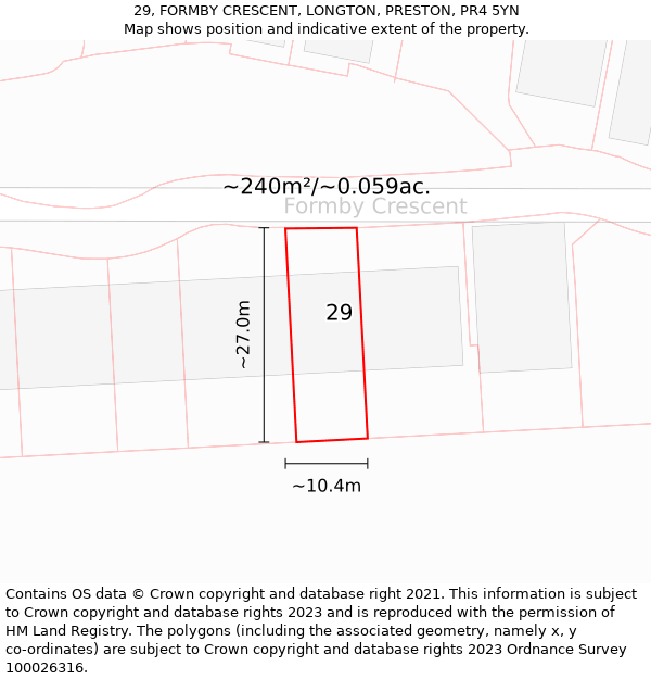 29, FORMBY CRESCENT, LONGTON, PRESTON, PR4 5YN: Plot and title map