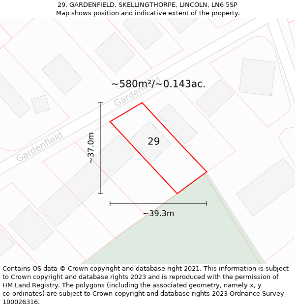 29, GARDENFIELD, SKELLINGTHORPE, LINCOLN, LN6 5SP: Plot and title map