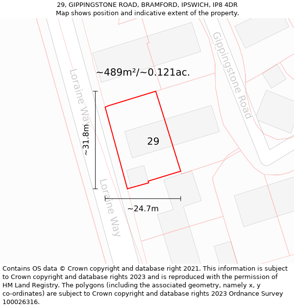 29, GIPPINGSTONE ROAD, BRAMFORD, IPSWICH, IP8 4DR: Plot and title map