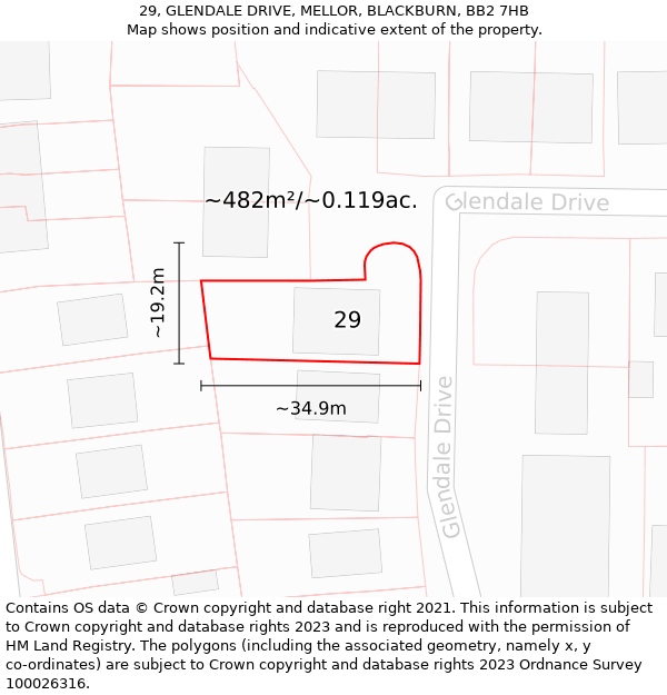 29, GLENDALE DRIVE, MELLOR, BLACKBURN, BB2 7HB: Plot and title map