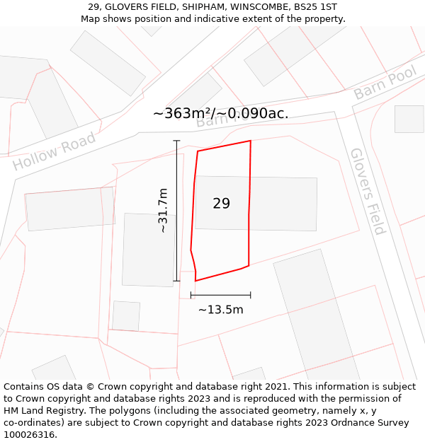 29, GLOVERS FIELD, SHIPHAM, WINSCOMBE, BS25 1ST: Plot and title map