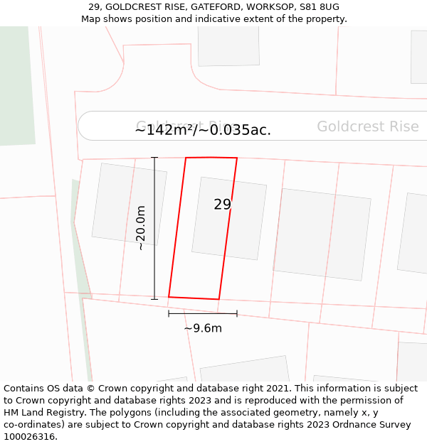 29, GOLDCREST RISE, GATEFORD, WORKSOP, S81 8UG: Plot and title map