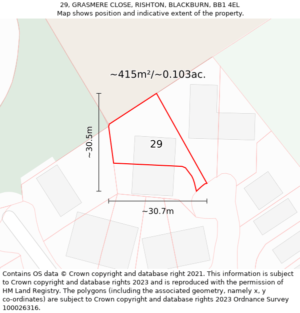 29, GRASMERE CLOSE, RISHTON, BLACKBURN, BB1 4EL: Plot and title map