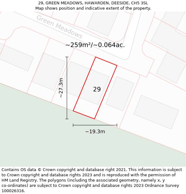 29, GREEN MEADOWS, HAWARDEN, DEESIDE, CH5 3SL: Plot and title map