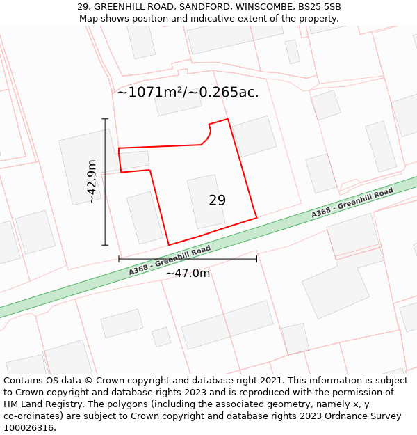 29, GREENHILL ROAD, SANDFORD, WINSCOMBE, BS25 5SB: Plot and title map